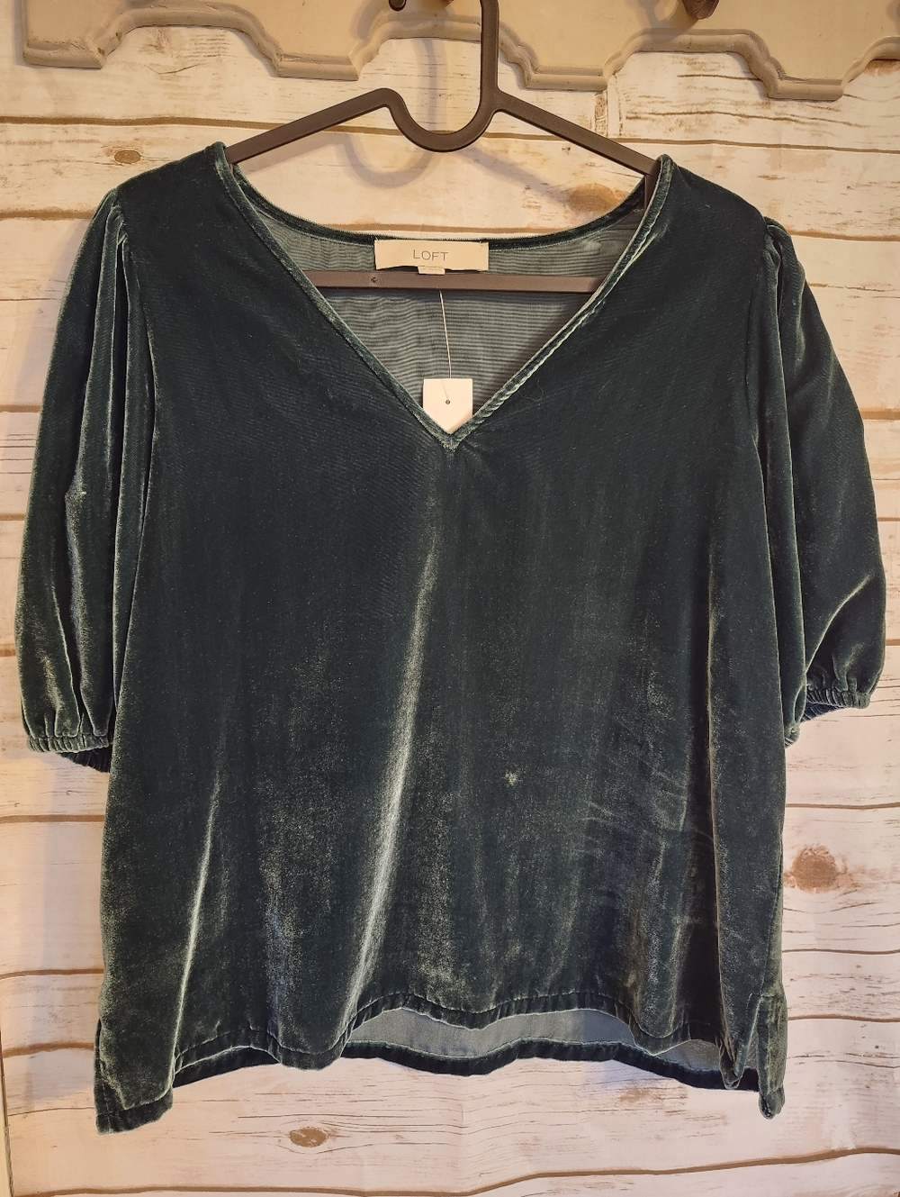 LOFT Velvet V-Neck Puff Sleeve Top in Dark Green NWT Small